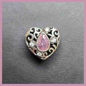 Sterling Silver Heart Charm With‎ Pink Teardrop CZ and Filigree Design (NWOT)